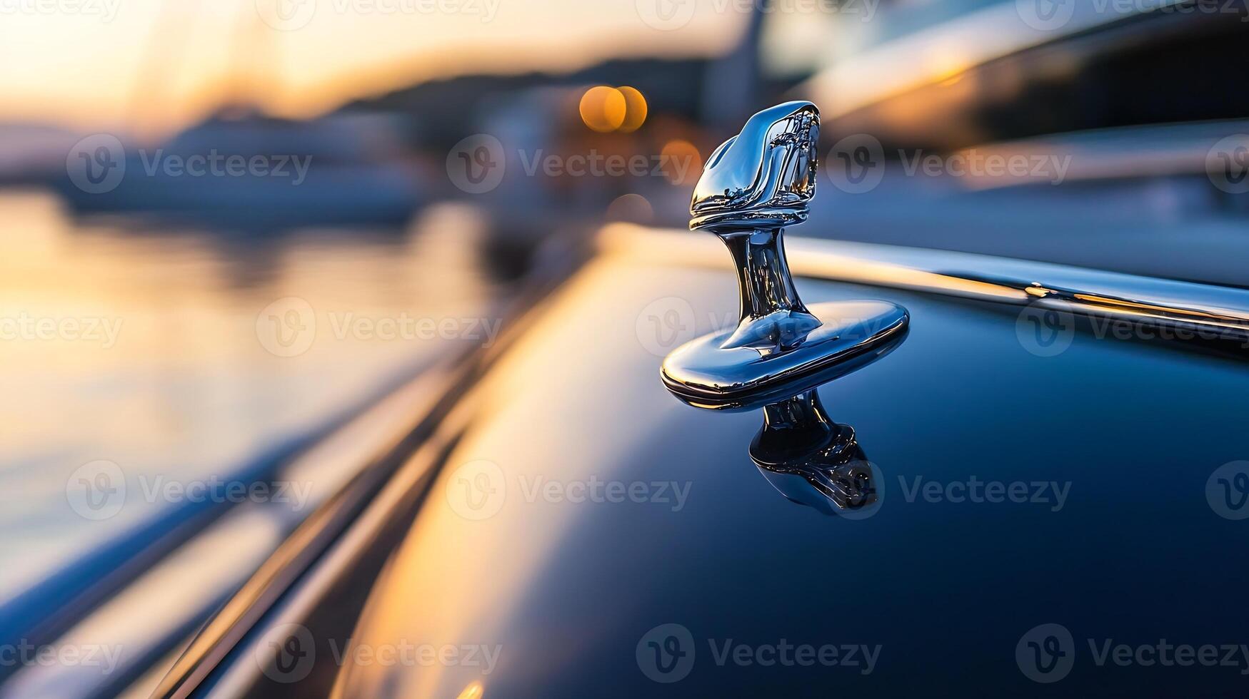 Classic Car Hood Ornament with Reflections in Golden Sunset Light photo