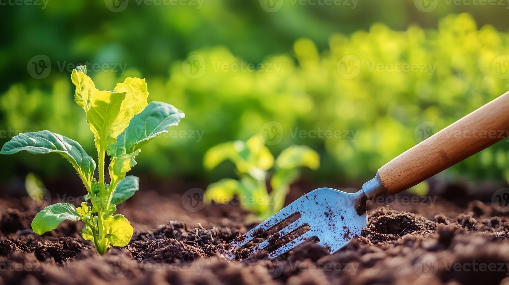 Vibrant Green Seedling with Garden Fork in Rich Soil Lit by Warm Sunlight photo