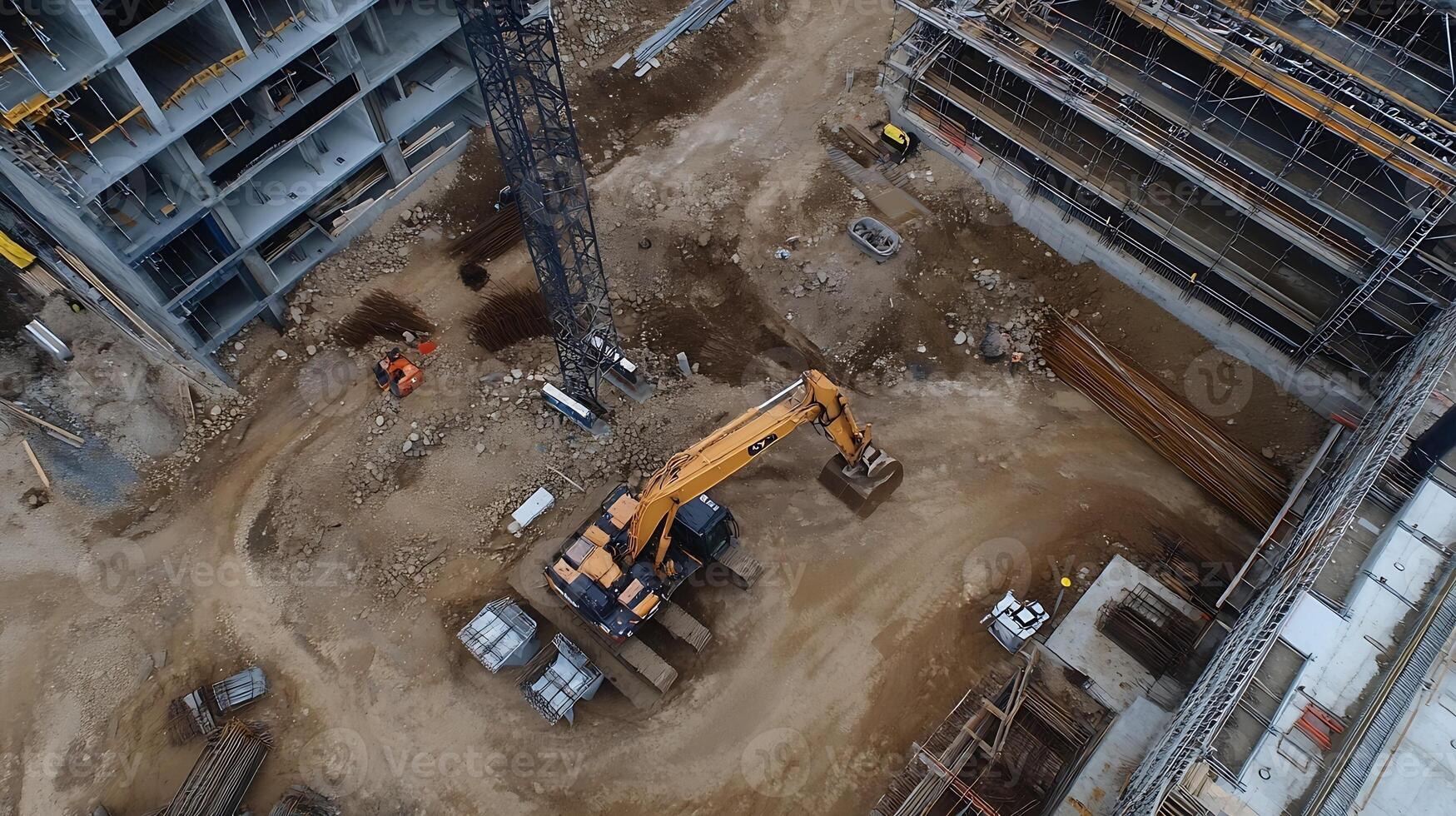 Construction Site with Excavator and Building Framework in Process of Development photo