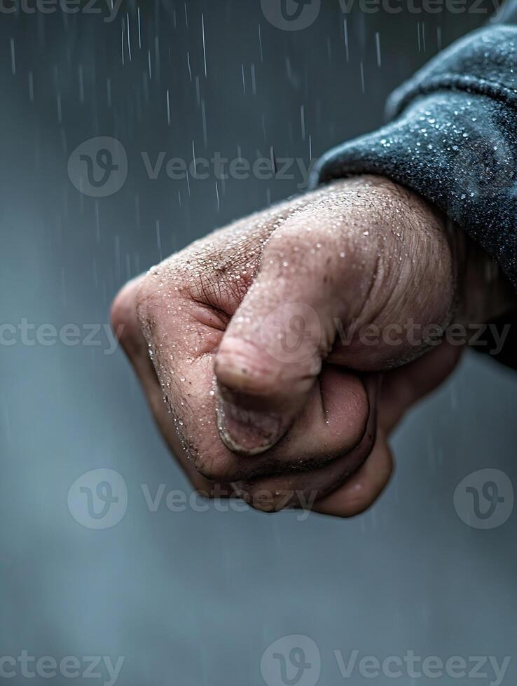Closeup of Clenched Fist in Rain Evoking Determination and Resilience Mood photo