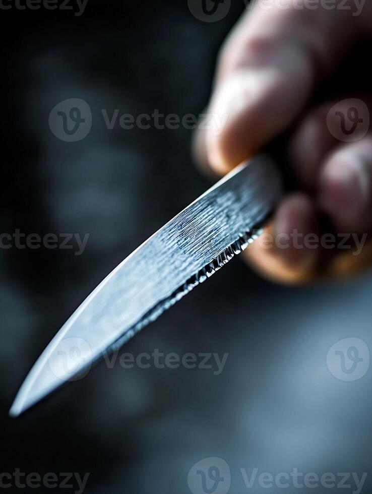 Closeup of Sharp Kitchen Knife Blade Held by Person in Moody Lighting photo