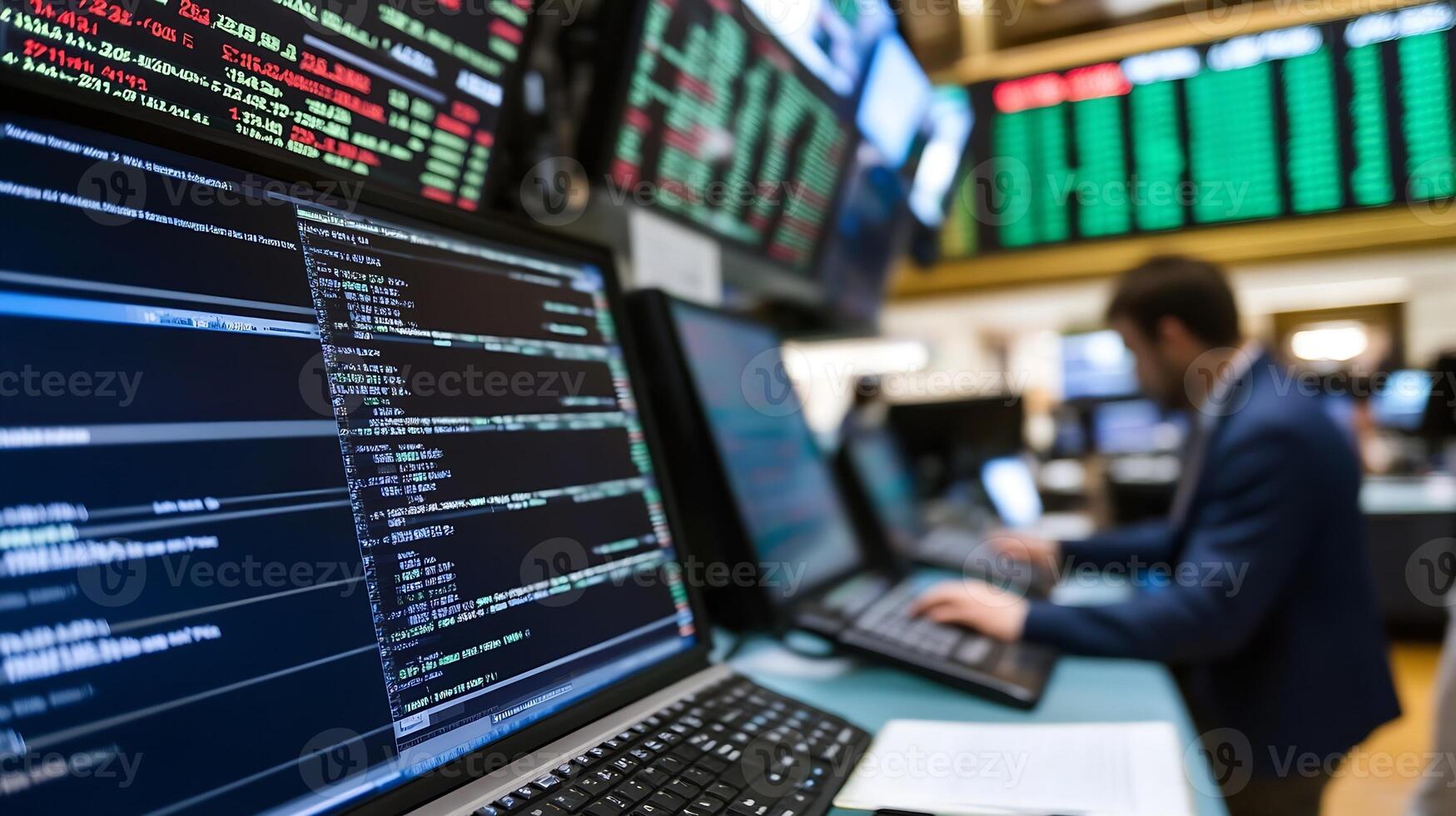 Busy Stock Market Trading Floor with Technology Screens and Financial Data photo