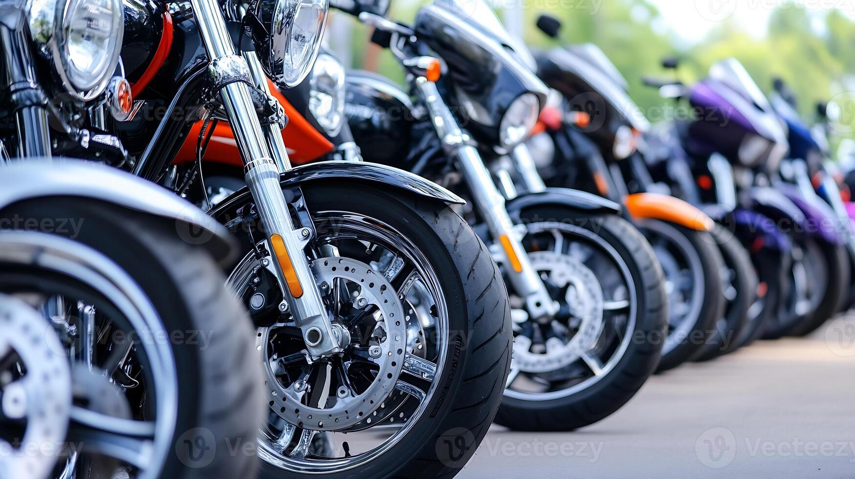 Row of Classic Powerful Motorcycles Featuring Shiny Chrome Details and Sleek Designs photo