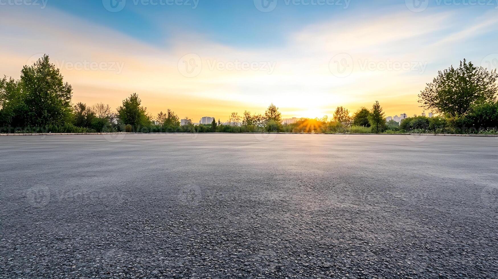 Wide Open Asphalt Road with Sunset and Trees in the Background photo