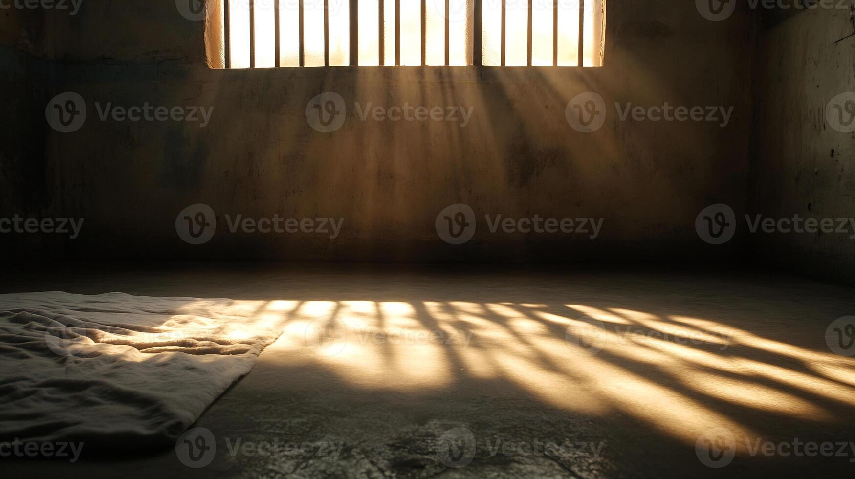 Lonely Sunlit Jail Cell with Light Streaming Through Barred Window photo