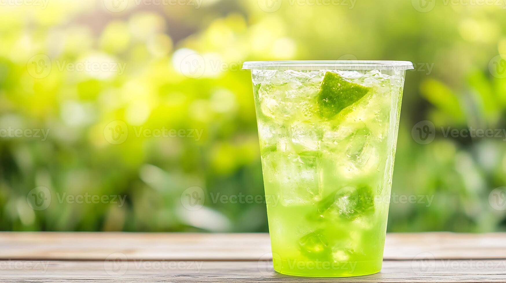 Refreshing Green Lime Drink in Plastic Cup on Wooden Table with Blurred Green Bokeh Background photo