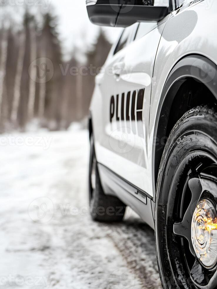 Winter Scene with Police Car Parked on Snowy Roadside for Law Enforcement Vehicle Theme photo