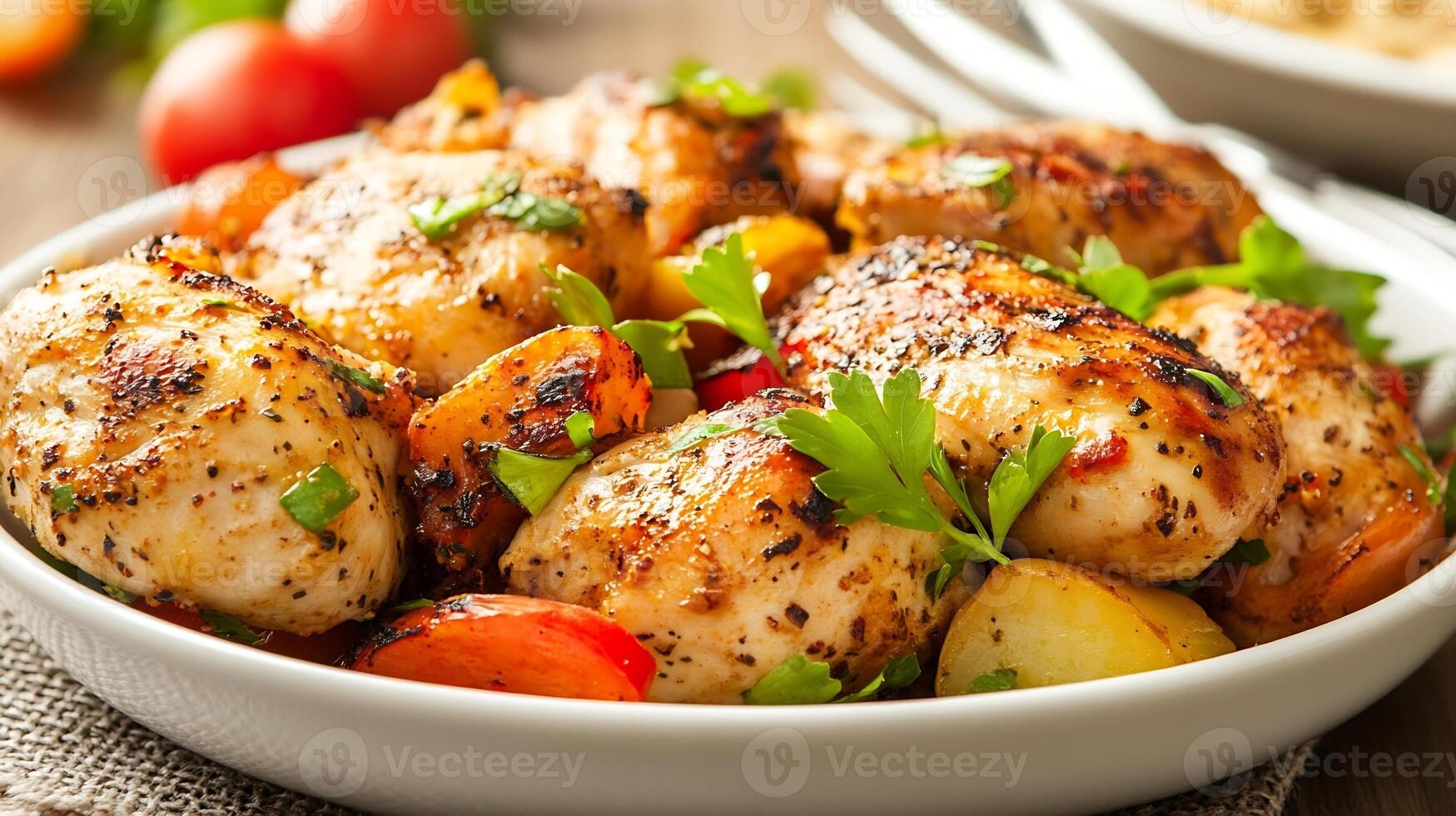 Herb-Crusted Roasted Chicken Thighs with Vegetables on a Rustic Table Setting Focused on Flavorful Cuisine photo
