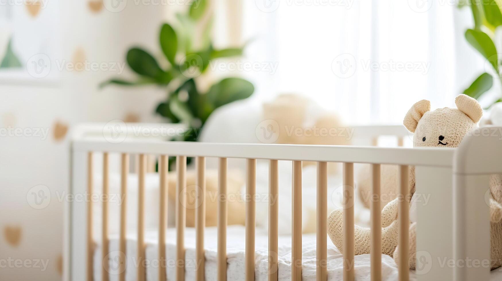 Cozy Nursery Interior With Crib and Soft Toy Bear in Brightly Lit Room photo