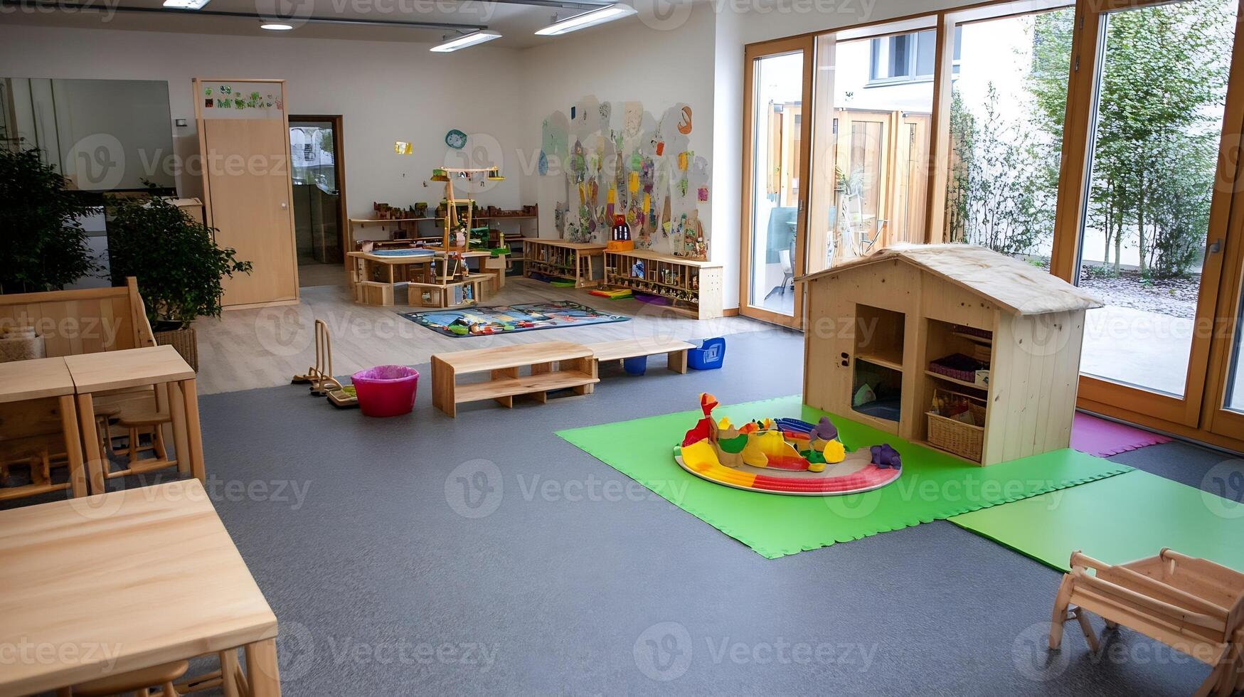 Colorful Kindergarten Classroom with Childfriendly Learning Spaces and Playful Decor photo