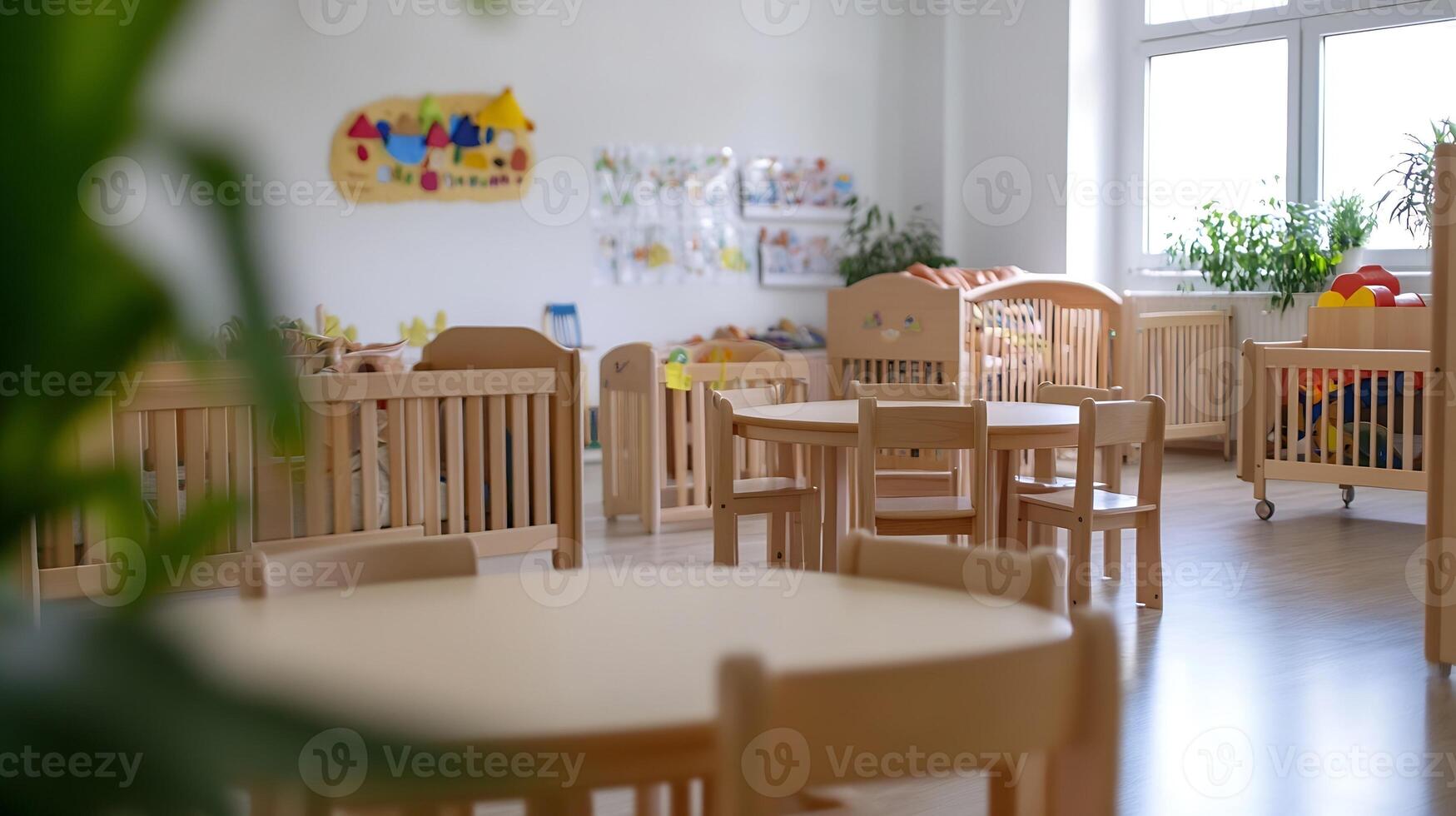 Cozy daycare interior with bright natural lighting and child-friendly furniture photo