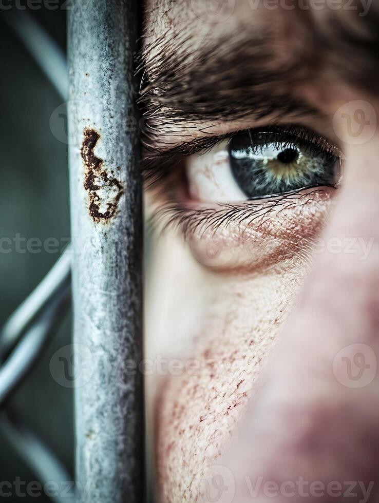 Close-up of a sad eye behind a metal fence expressing confinement and loneliness photo