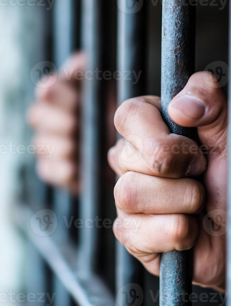Close-Up of Hands Gripping Metal Prison Bars Against Blurred Background photo