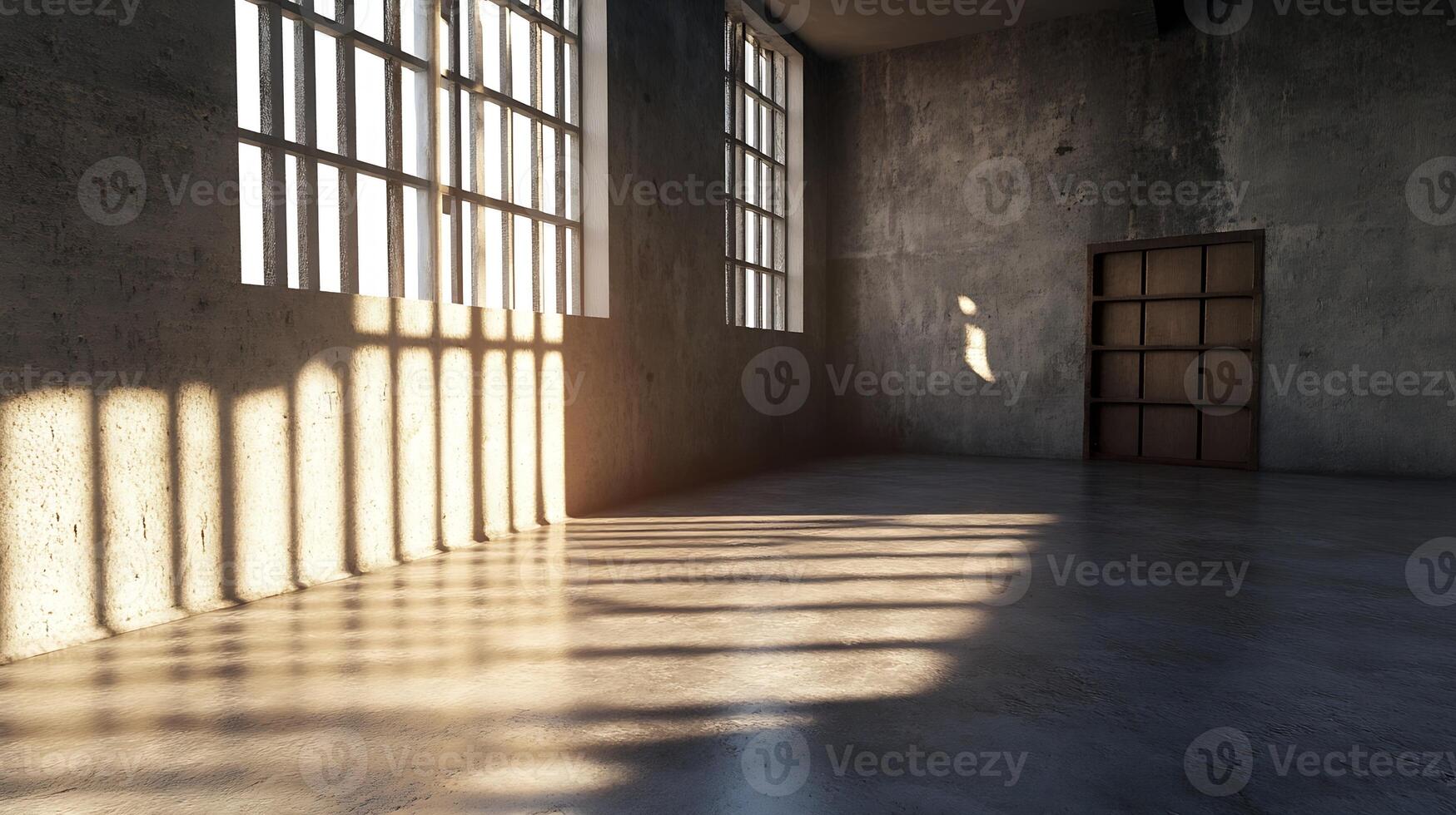 Large Empty Industrial Room with Sunlight Streaming Through Tall Windows photo