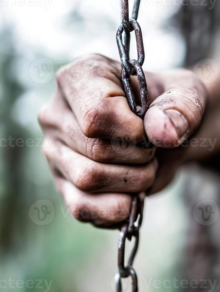 Close Up of a Hand Gripping a Rusty Chain Symbolizing Strength and Determination in Outdoor Setting photo