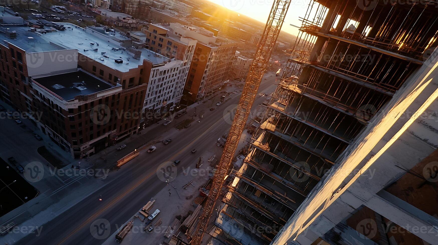Sunset Urban Cityscape Featuring Construction Site and Busy Streets Below photo