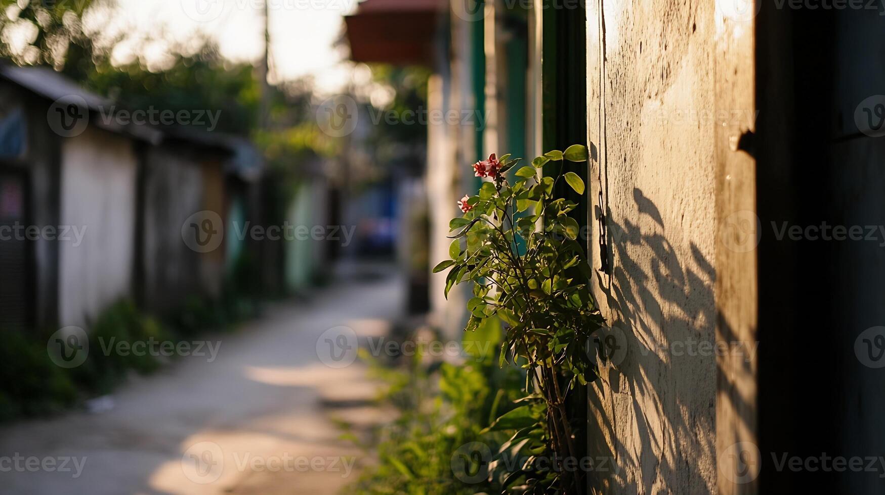 Sunlit Alleyway with Flowering Plant Casting Shadows Evoking Warm Community Vibe and Rustic Charm photo