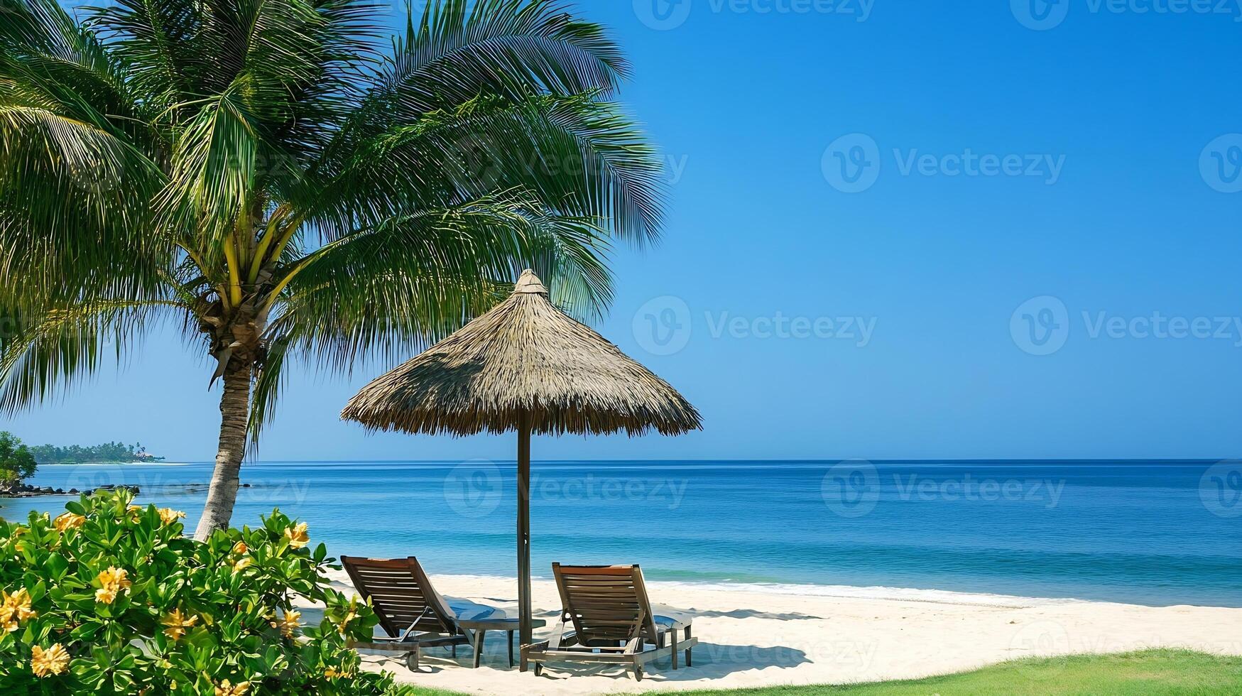 Tropical Beach Paradise with Palm Trees and Sun Loungers by the Sea photo