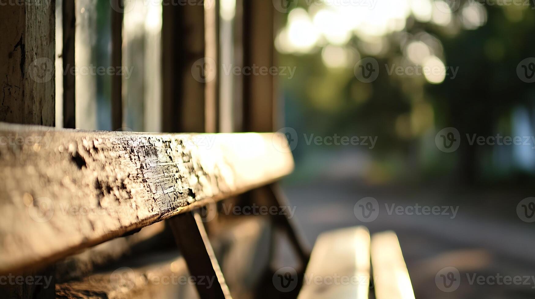 Rustic Sunlit Wooden Bench with Blurred Background Creating a Nostalgic Ambience photo