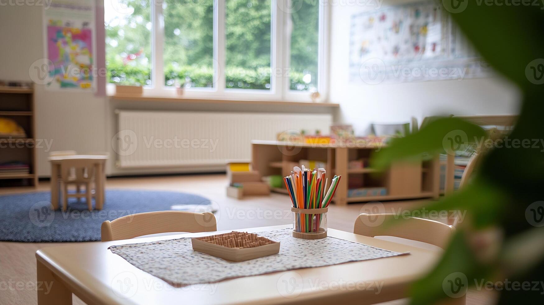 Bright sunny kindergarten classroom with educational materials and creative activities photo