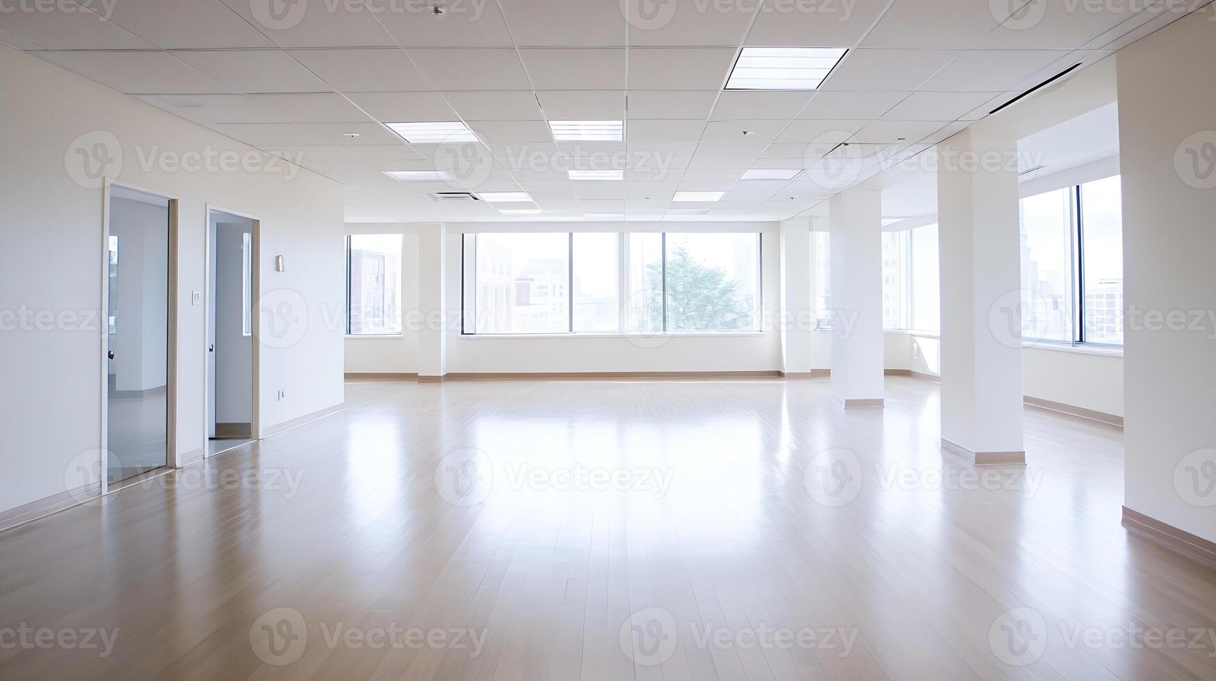 Spacious Sunlit White Office with Large Windows and Wooden Flooring photo