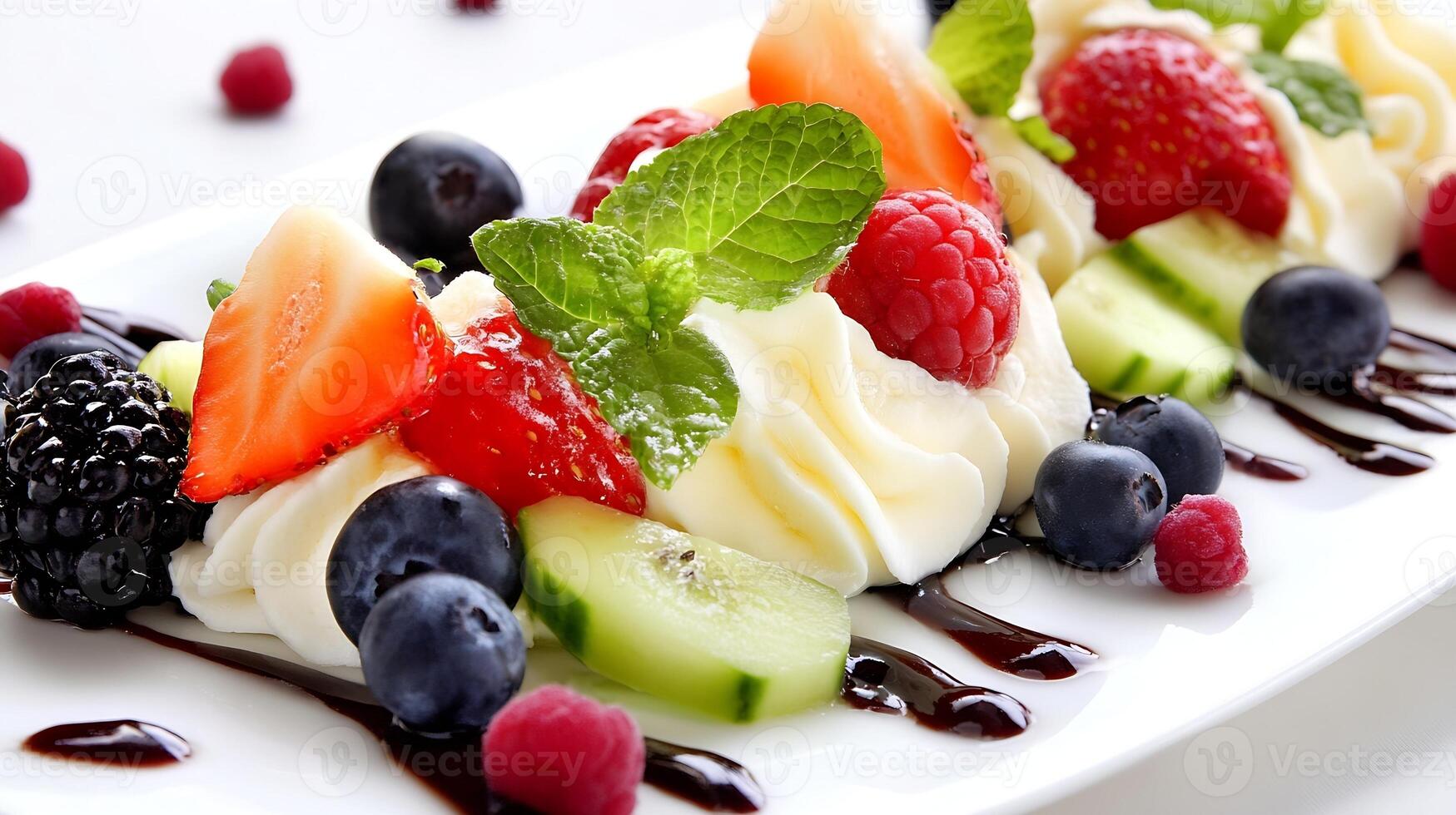 Fresh Fruit and Cream Dessert with Berries Cucumbers and Mint Garnish photo