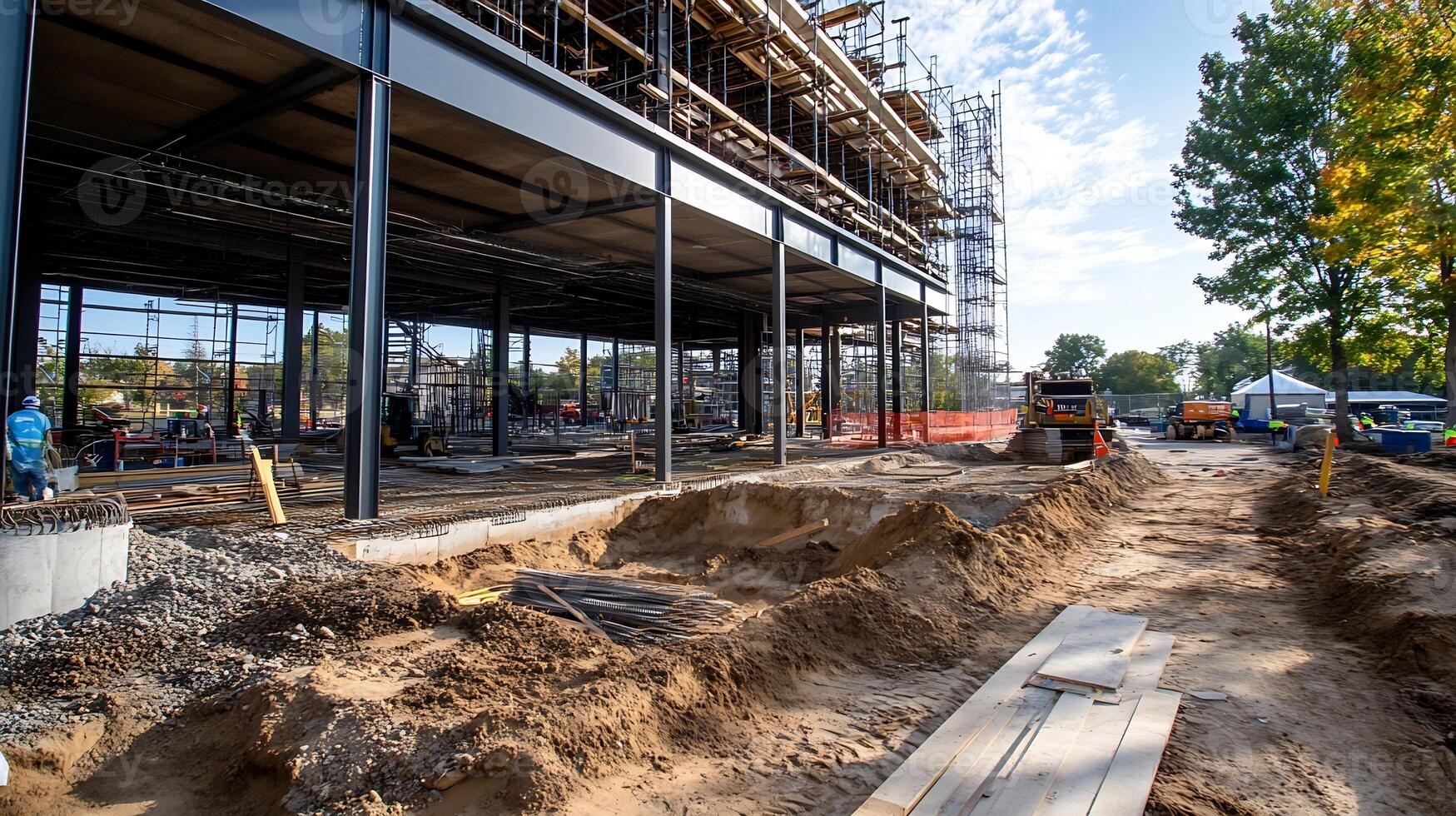 Active construction site of steel and concrete framework for future commercial building project photo