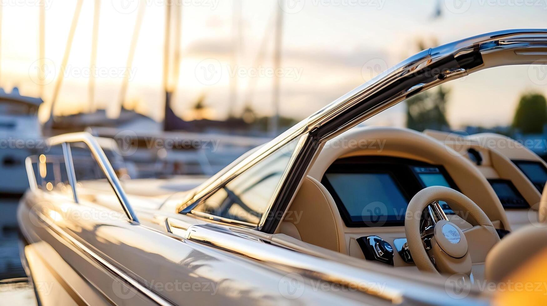 Luxurious yacht cockpit with sleek design at marina during sunset with calm waters photo