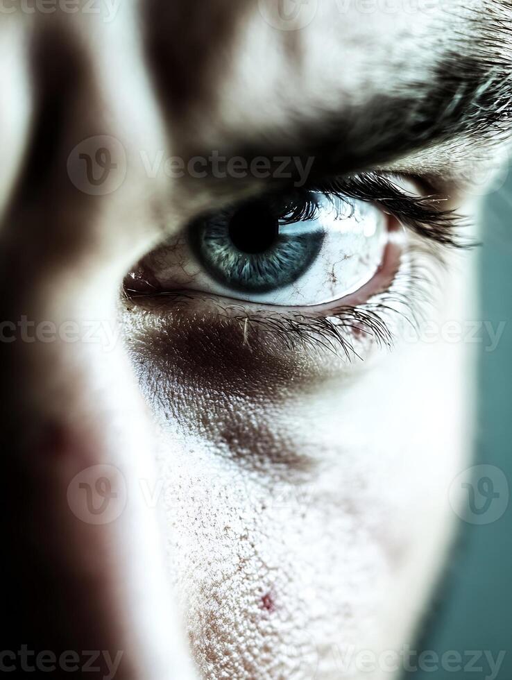 Closeup of Intense Blue Human Eye with Dramatic Lighting and High Detail photo