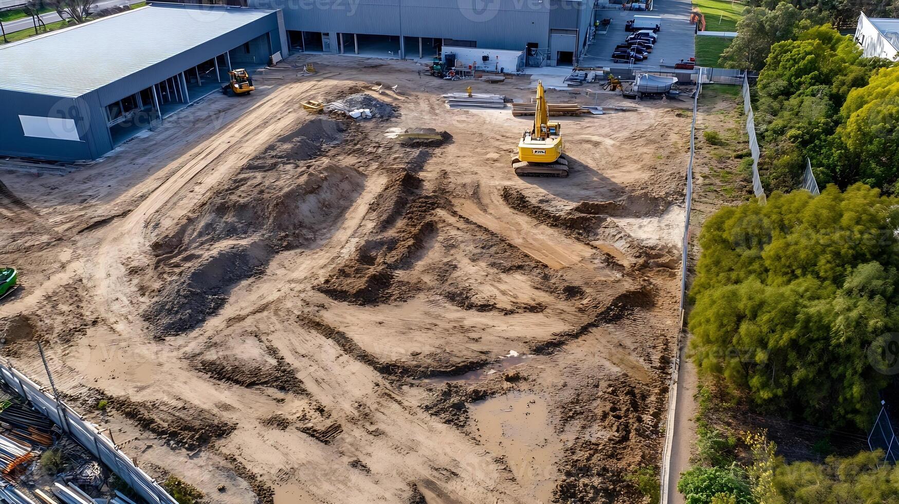 Aerial View of Construction Site with Excavators Preparing Groundwork for New Building photo