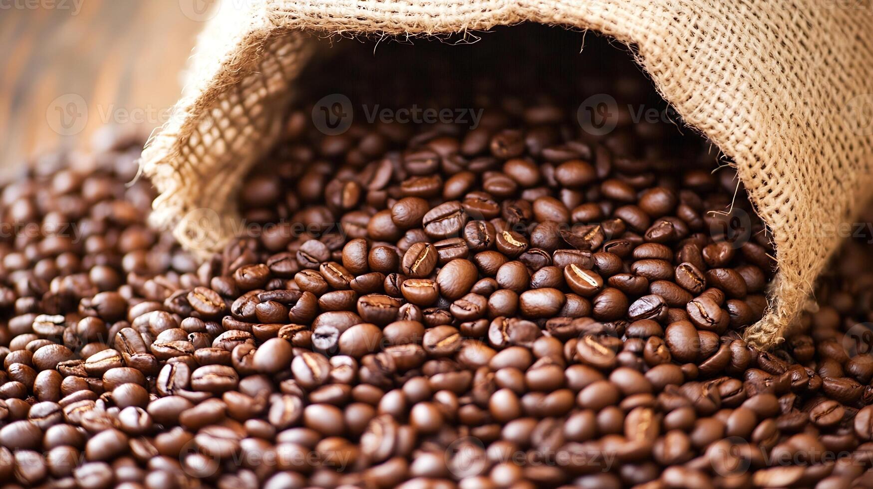 Rustic burlap bag spilling fresh aromatic roasted coffee beans on wooden table photo
