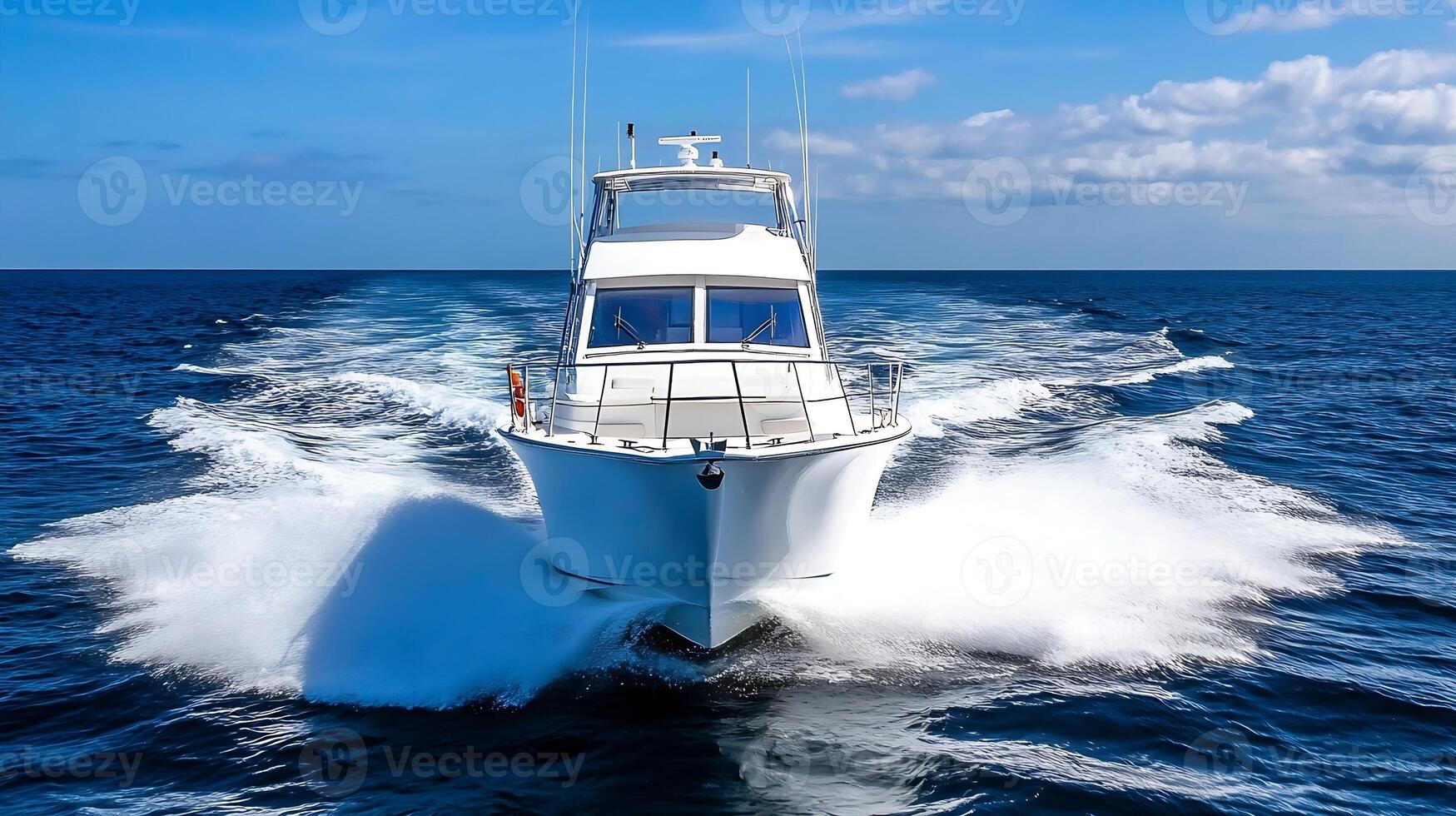 Powerful Speedboat Cutting Through Ocean Waves Under Clear Skies photo