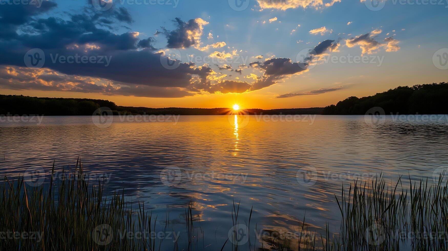 Stunning Sunset Over Serene Lake with Dramatic Clouds and Reflective Water photo