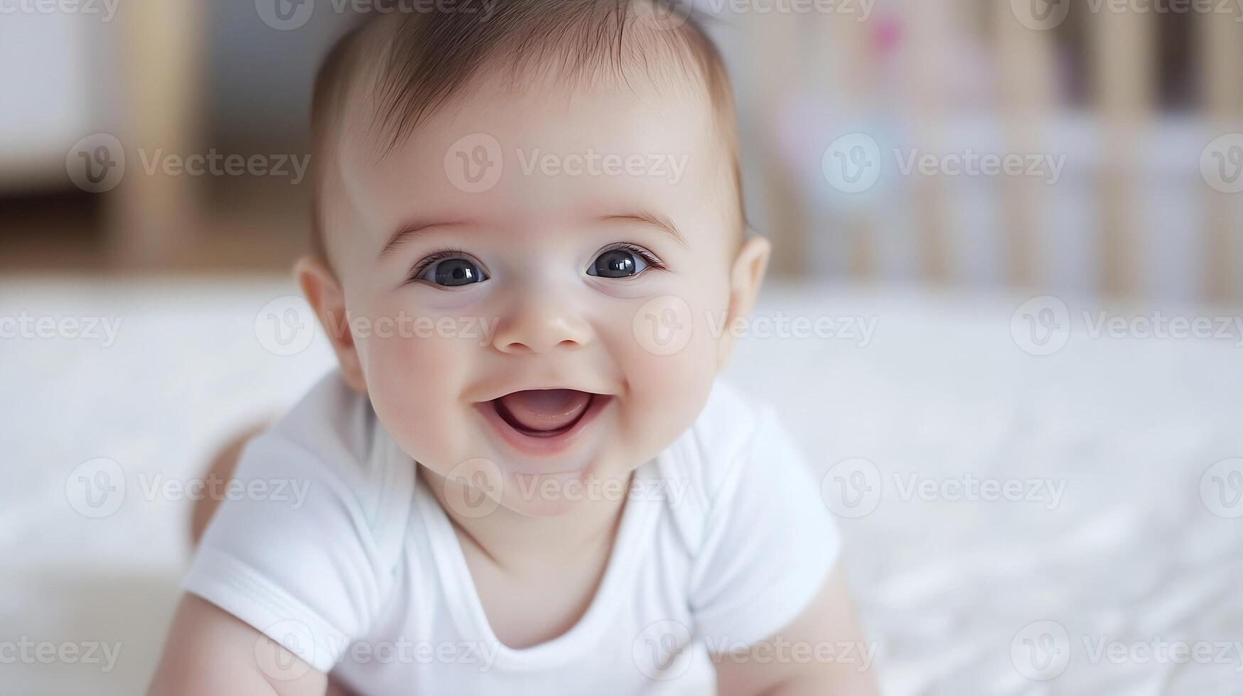 Adorable Baby Crawling on Soft White Blanket Smiling Joyfully at Camera photo