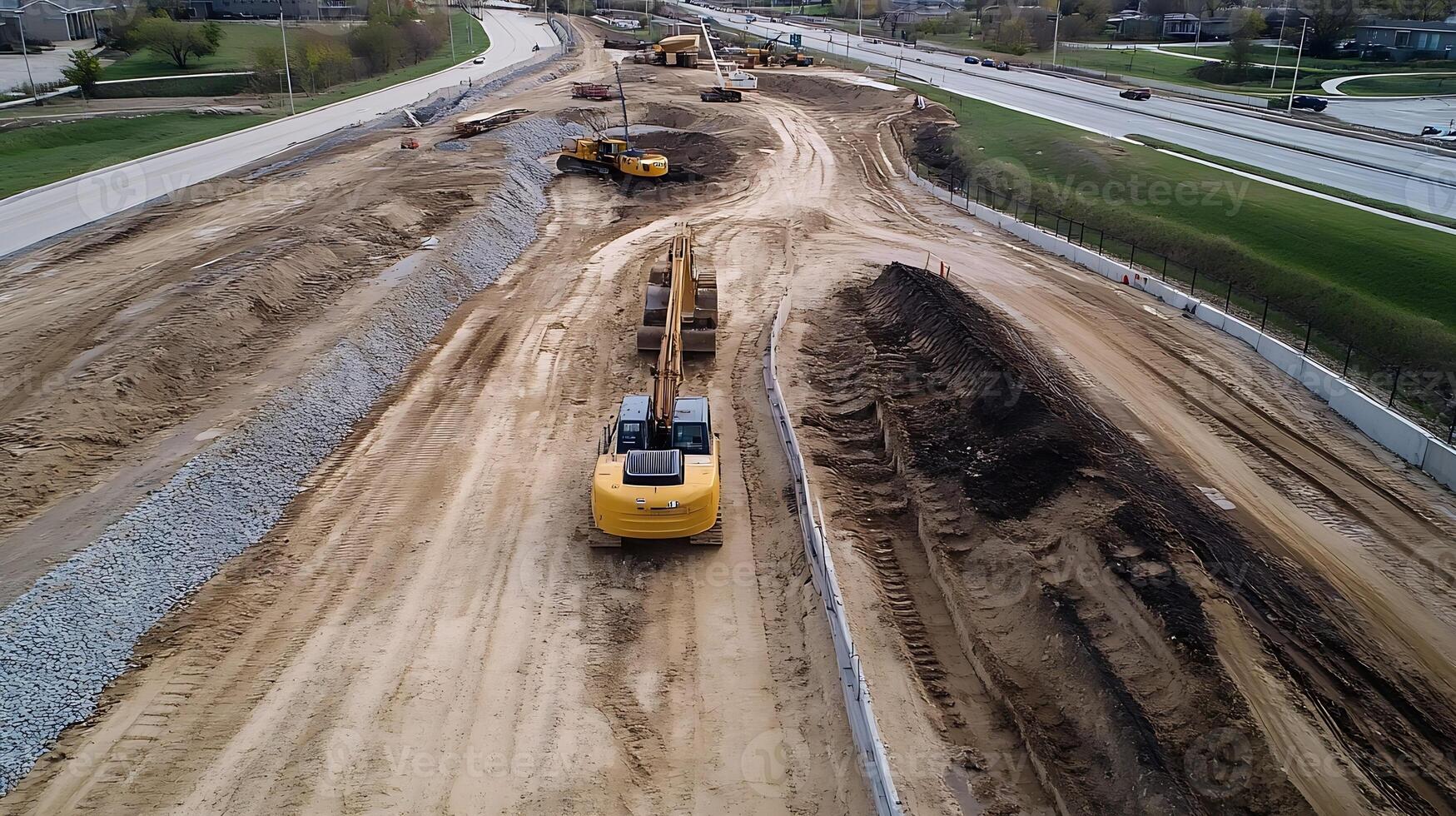 Aerial View of Highway Construction with Heavy Machinery and Earthworks photo
