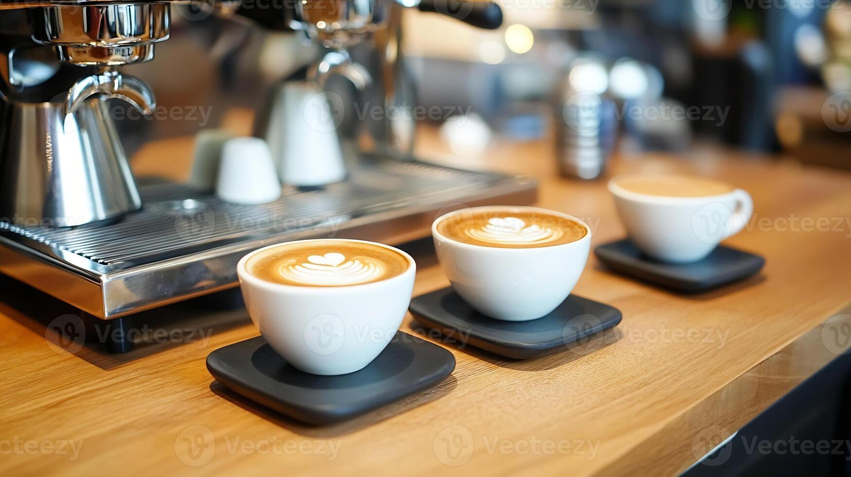 Perfectly Crafted Lattes with Latte Art on Modern Espresso Machine photo