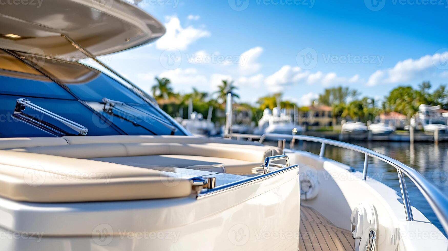 Luxurious yacht deck with panoramic view of calm marina and palm trees under clear blue sky photo