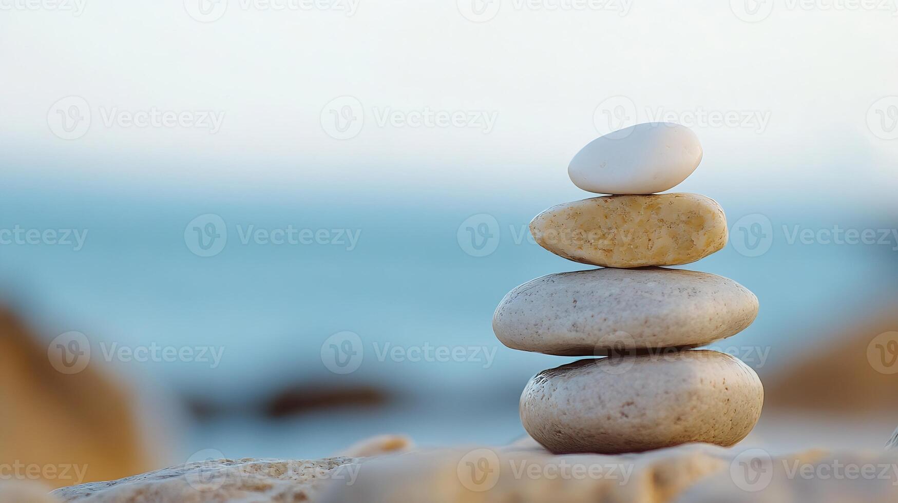 Balancing Stones Overlooking a Blur of Blue Ocean and Horizon photo