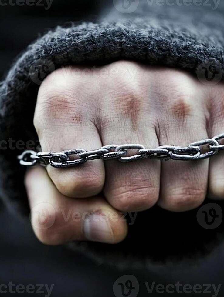Clenched fist holding chain in rugged dark attire symbolism of strength photo