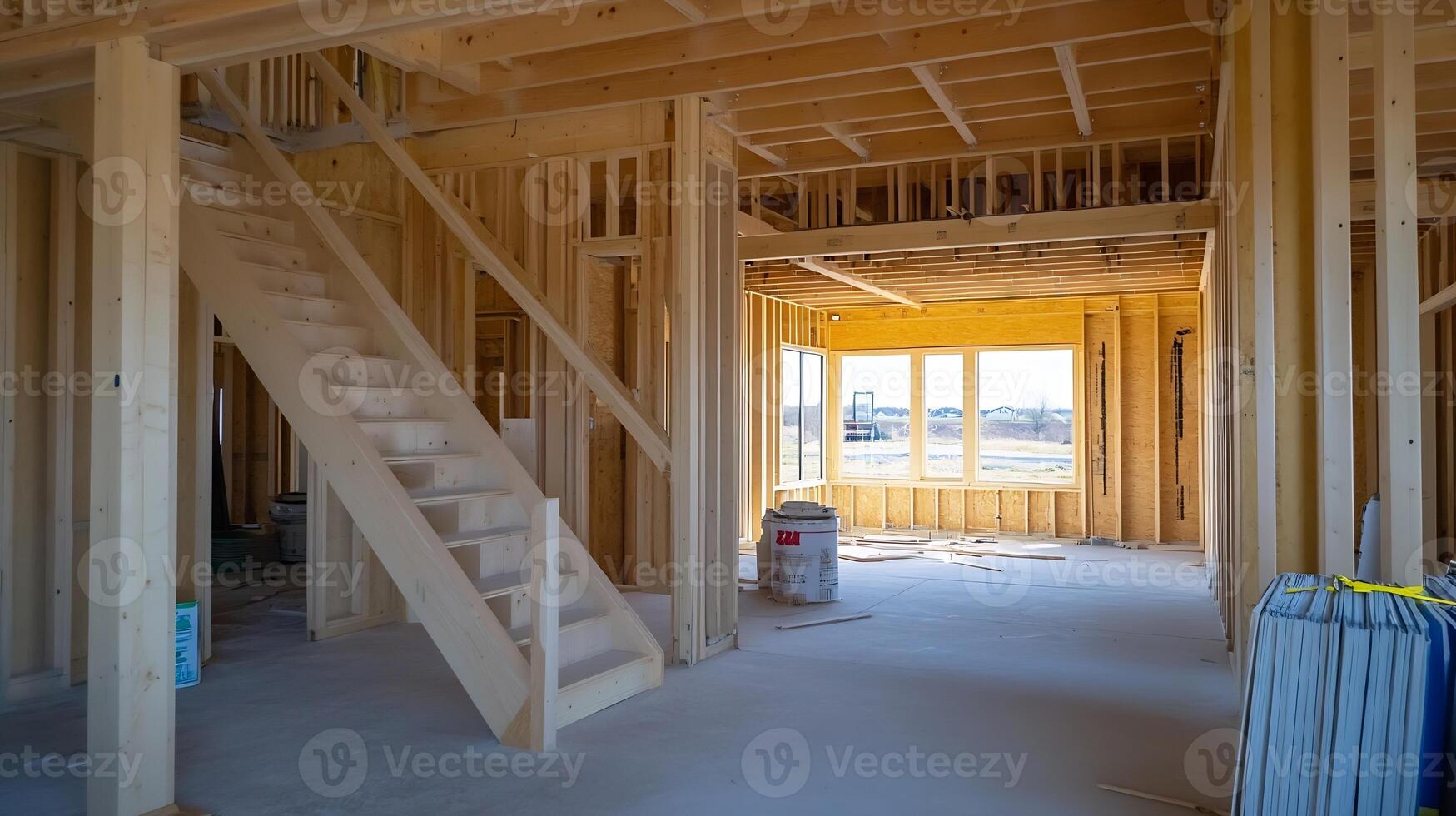 Wooden frame construction of new home in progress showcasing rough timber and open space photo