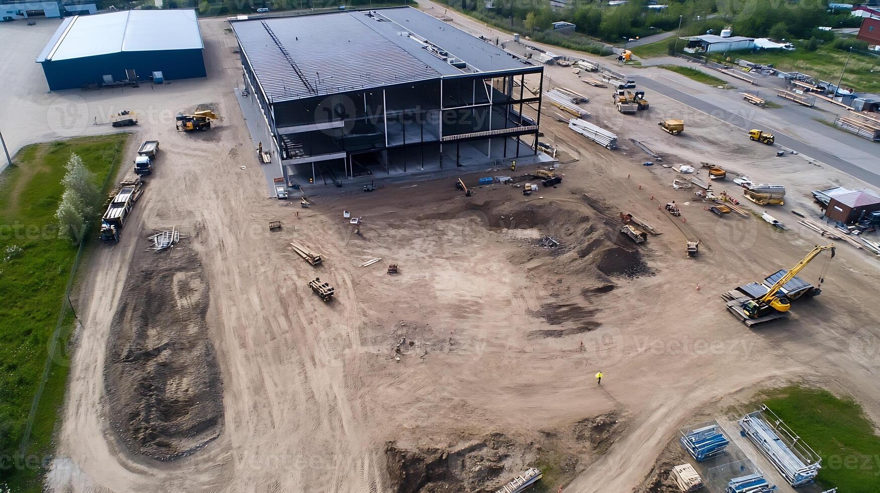 Construction Site with Steel Frame Structure of a Large Building in Development Stage photo