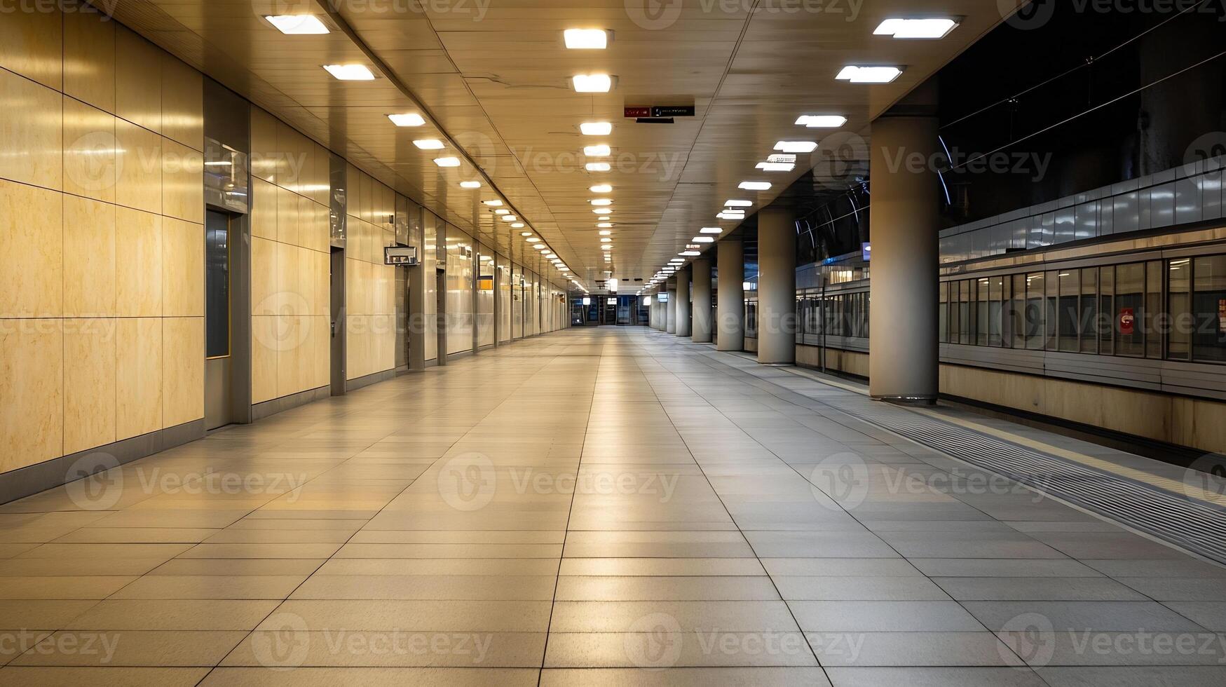 Empty Underground Subway Station with Bright Artificial Lighting and Gleaming Tile Floors photo