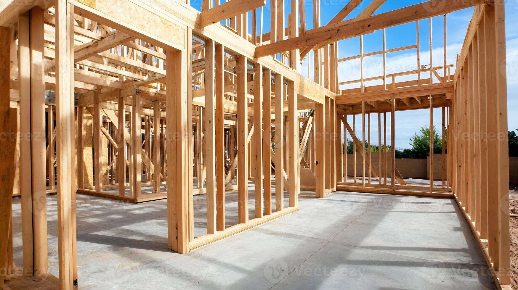 Wooden Frame Structure of a New Residential Home Under Construction in Bright Daylight photo