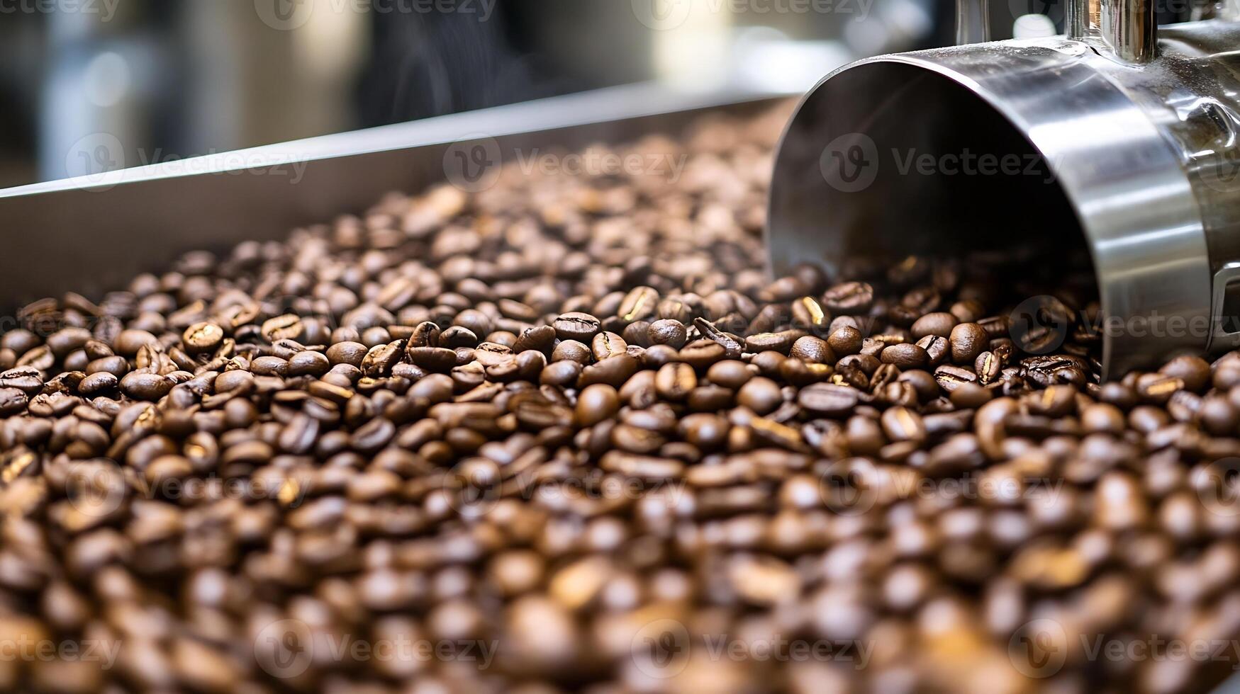 Close-up of fresh roasted coffee beans ready for grinding in coffee production process photo