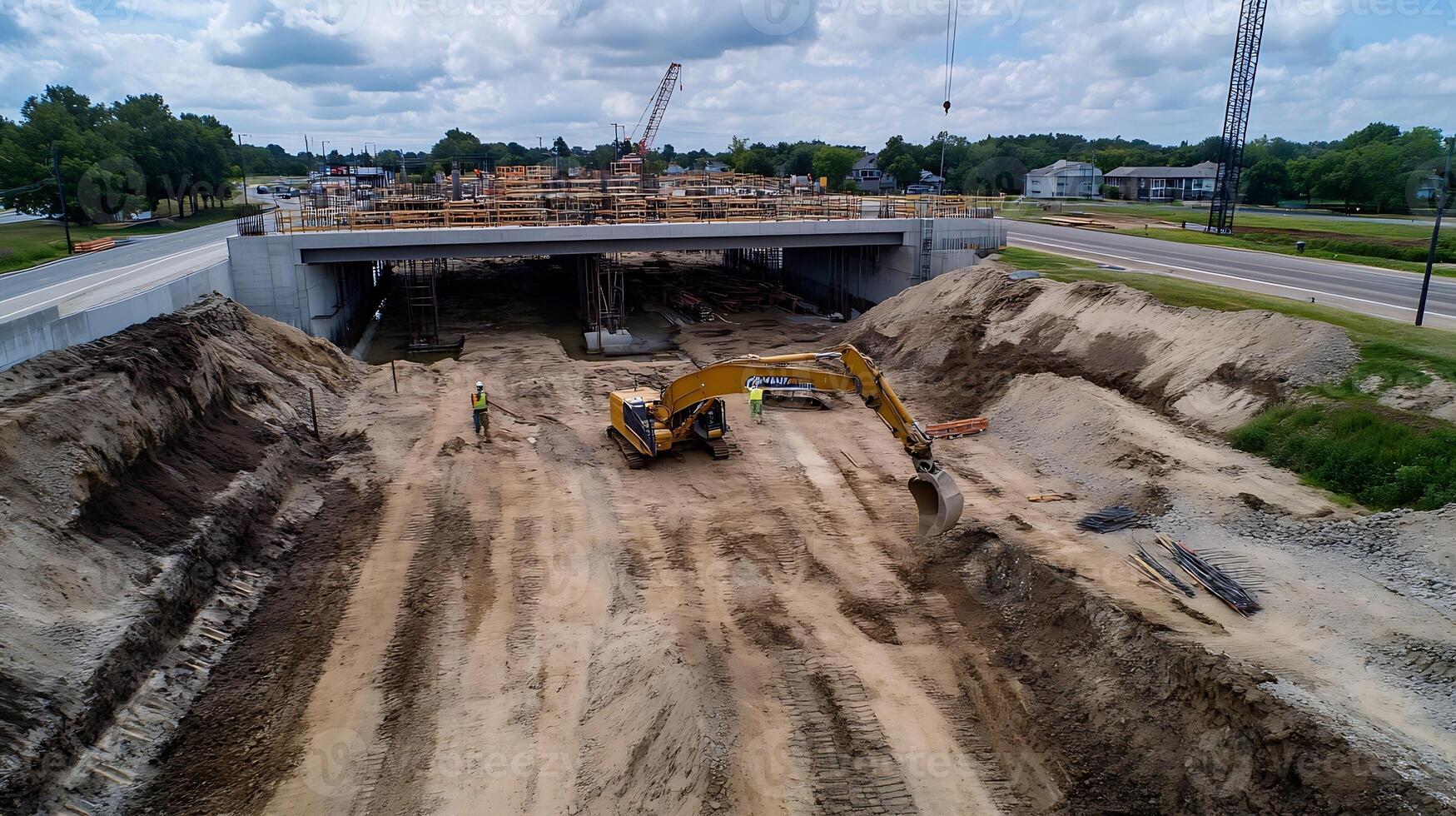 Large Scale Highway Construction Featuring Earthmoving Equipment and Expansive Overpass Bridge photo