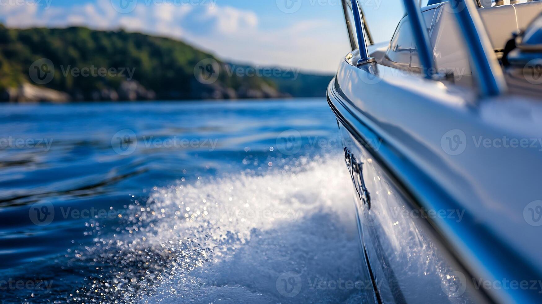 Speedboat cruising through tranquil blue waters during sunny summer day photo