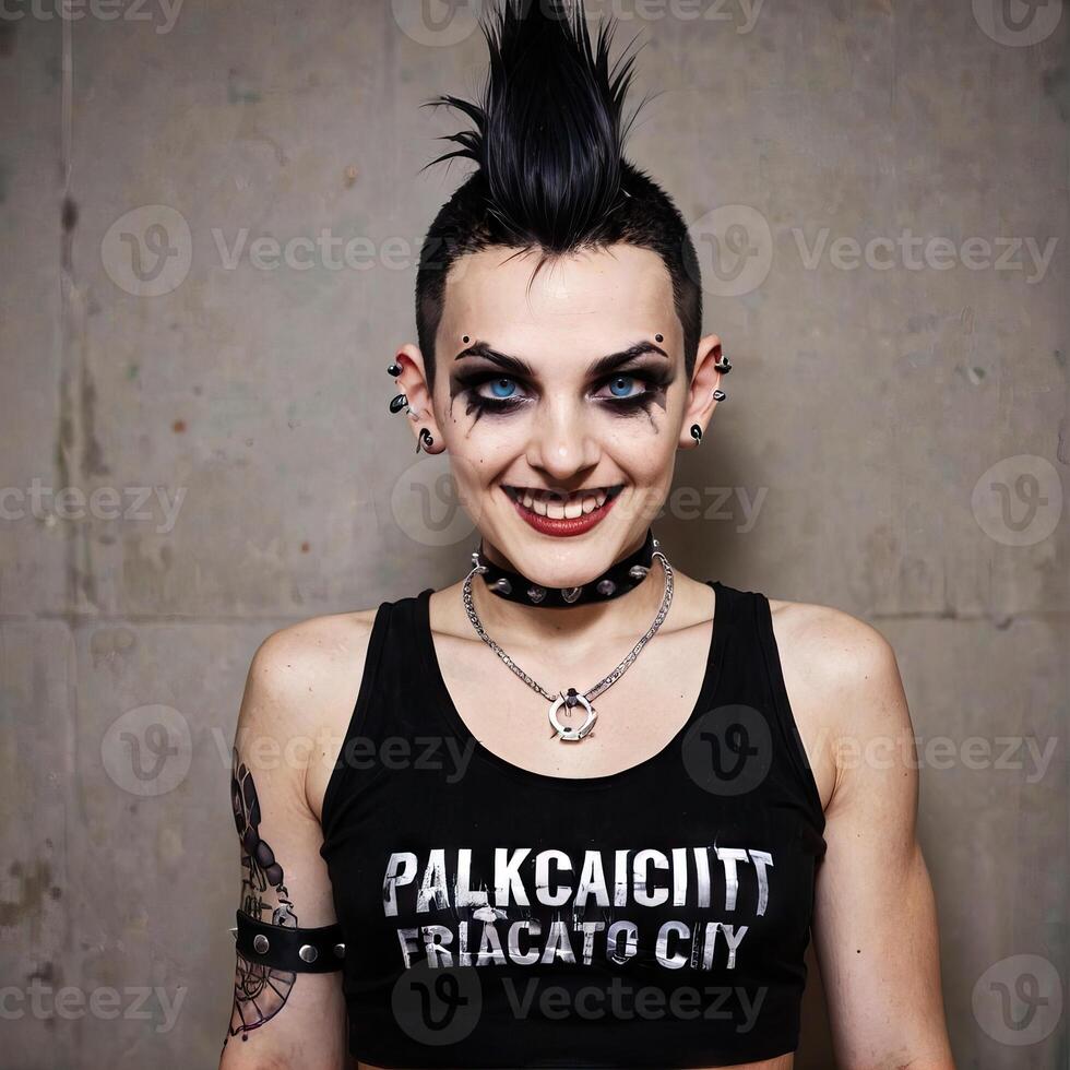 Young woman with mohawk hairstyle and piercings smiling against concrete wall photo