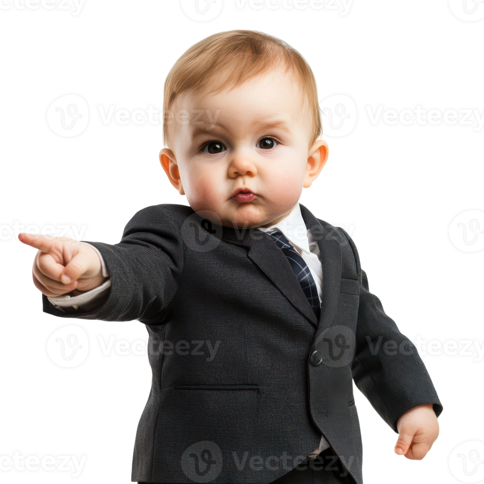 Confident Baby Businessman Pointing for Promotions Transparent Background. png