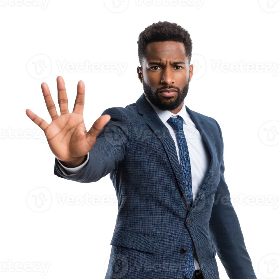 African American Businessman Making Stop Gesture Transparent Background. png