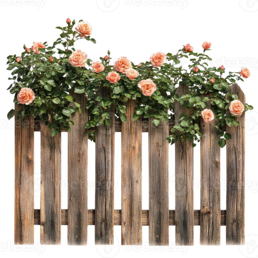 Beautiful Wooden Fence with Climbing Roses Transparent Background. png